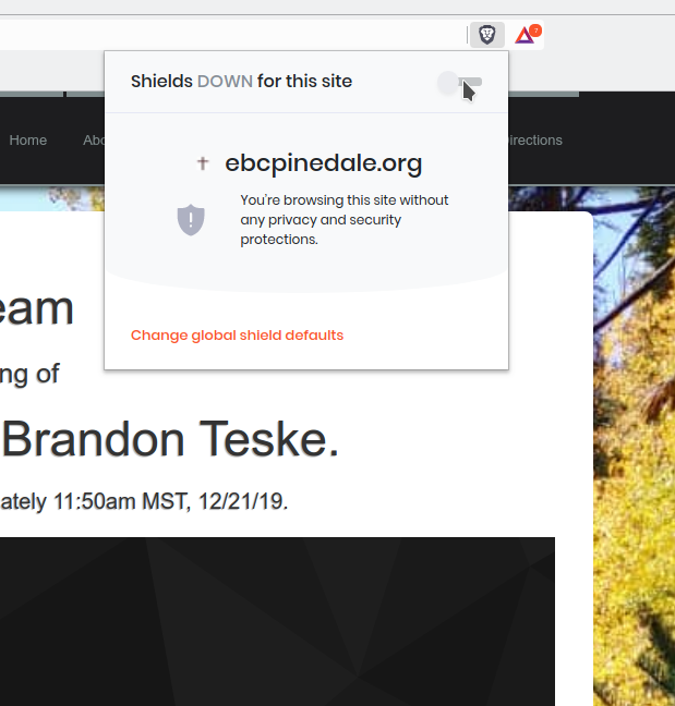 Click the slider to disable shields & stop blocking the livestream.